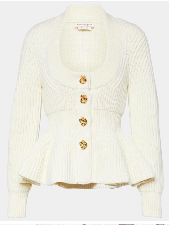Alexander McQueen Sweaters - Alexander McQueen Cream Ribbed Peplum Cashmere Cardigan with Gold Buttons